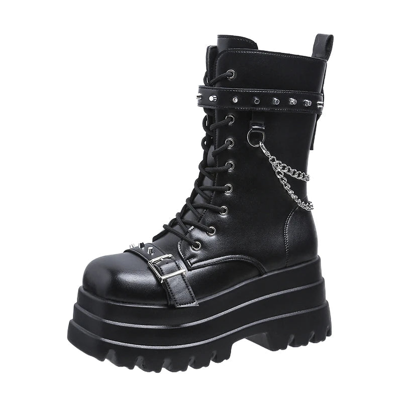 Autumn Winte Punk Halloween Witch Cosplay Platform High Wedges Heels Black Gothic Boots Women Shoes Big Size 42 Rivet Shoe