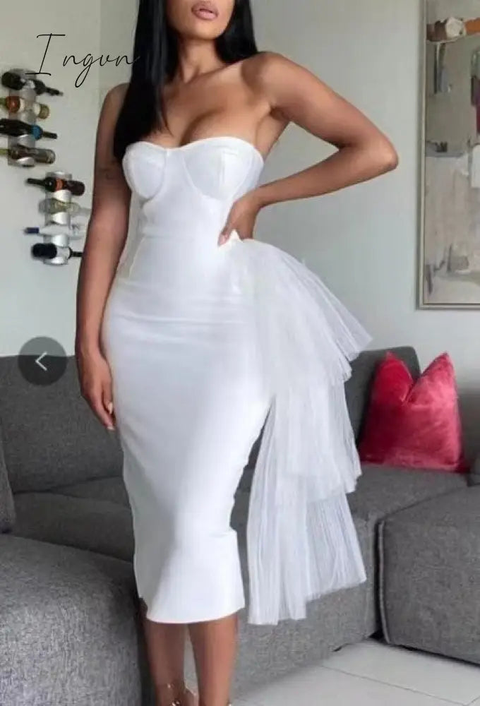 Ingvn - 2023 New Bandage Dress Sexy Bodycon Women Mesh Strapless Party Club Evening Elegant Black White Clothes