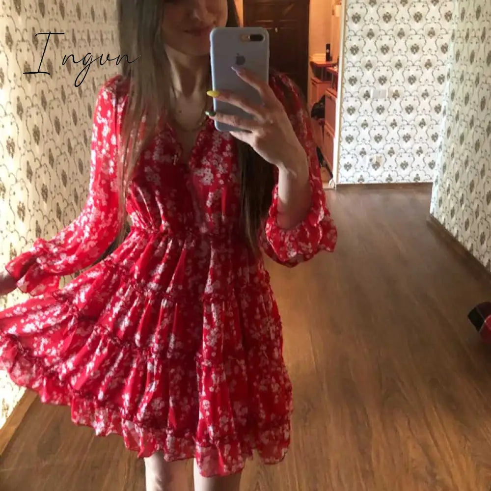 Ingvn - Harlow Floral Print Ruffle Dress women backless V-neck dress women mini summer dress ladies party dress