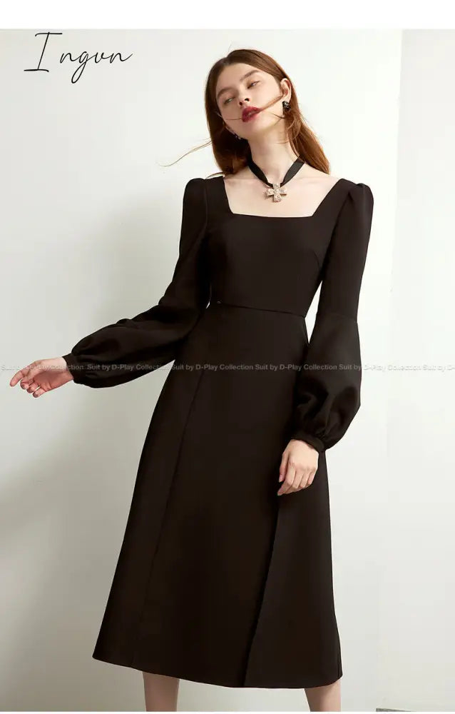 Ingvn - Black Retro Split Dress Women Elegant Midi Designer Dress Female Long Sleeve Hepburn Style Chiffon Vintage Dress Fall  Women