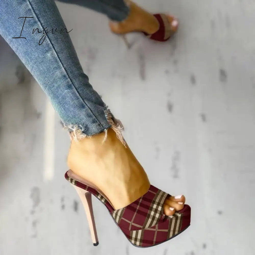 Ingvn - Women's Peep Toe Plaid Slip-on Stilettos Thin Heels