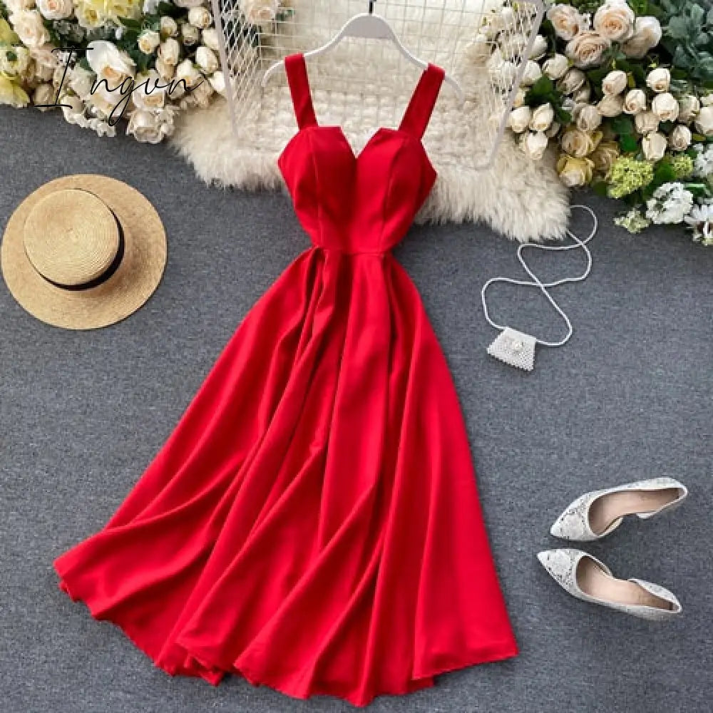 Ingvn - Summer Robe Dress Women V Neck Long Party Dresses Sexy Tank Backless Spaghetti Strap Maxi Female Holiday Vestidos