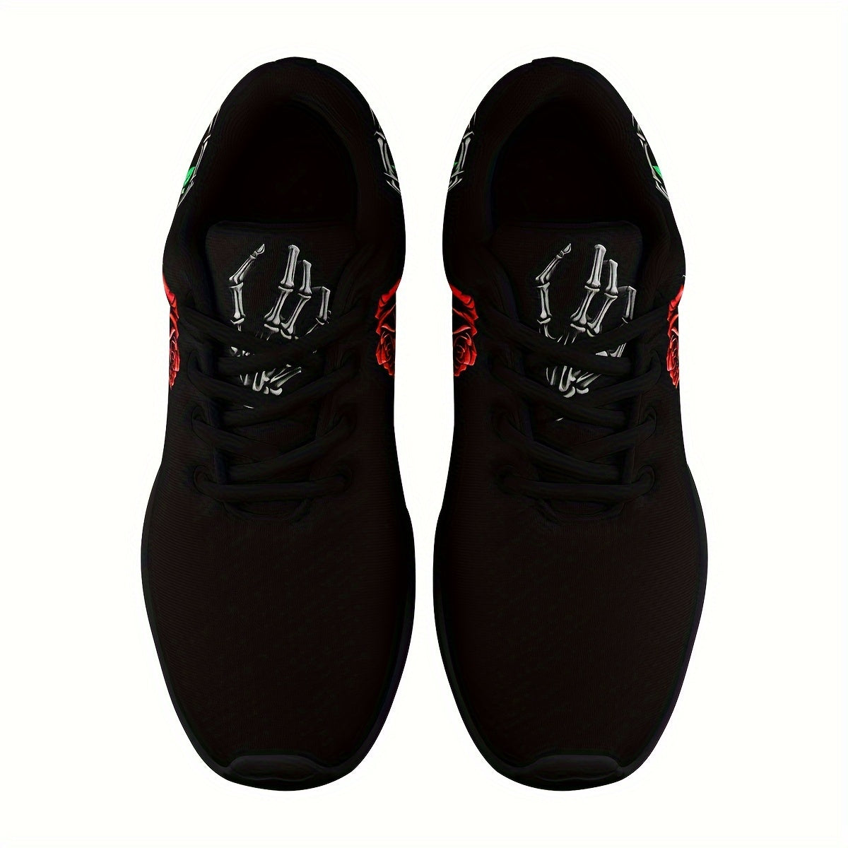 Womens Lightweight Breathable Mesh Sneakers - Cushioning Support, Anti-Slip Shock-Absorbing, Random Printing Skeleton & Rose Decor, Durable Low-Top Lace-up Athletic Shoes for All-Season Wear