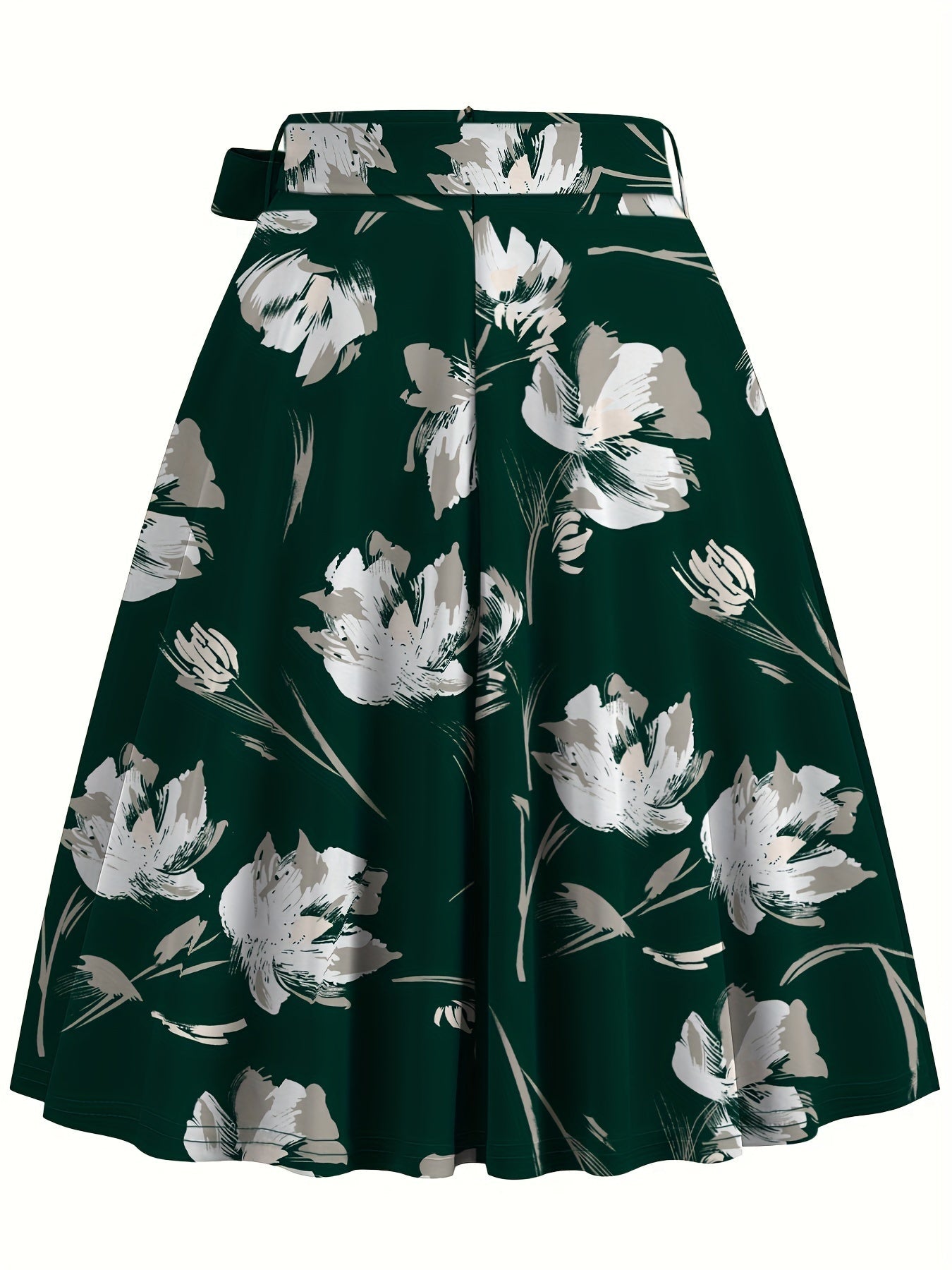 Floral Print High Waist Skirt, Elegant Belted Flared Midi Skirt, Women's Clothing