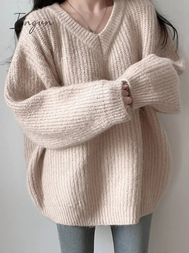 Ingvn - Green Oversized Sweaters for Women Fall Winter 2023 Korean Fashion Long Loose Pullovers V Neck Long Sleeve Jumpers