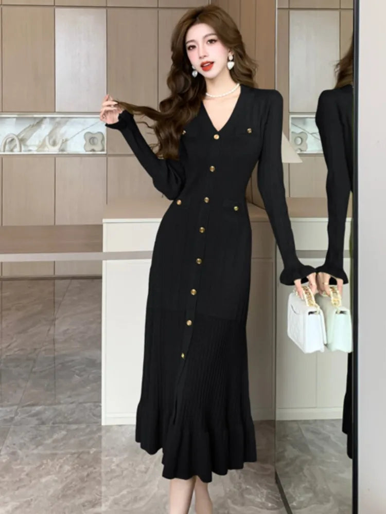 Solid Knitted Dresses for Women Autumn Single Breasted Chic Flared Sleeve Ruffles Hem Casual Female Office Elegant Robes