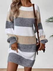 For Fall & Winter, Mini Knitted Color Block Sweater Dress, Elegant Lantern Sleeve Crew Neck, Women's Clothing