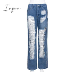 Ingvn - Women Fashion Ripped Hollow Out Wide Leg Full Length Jeans 2023 New Summer INS Street Denim Pants Trousers