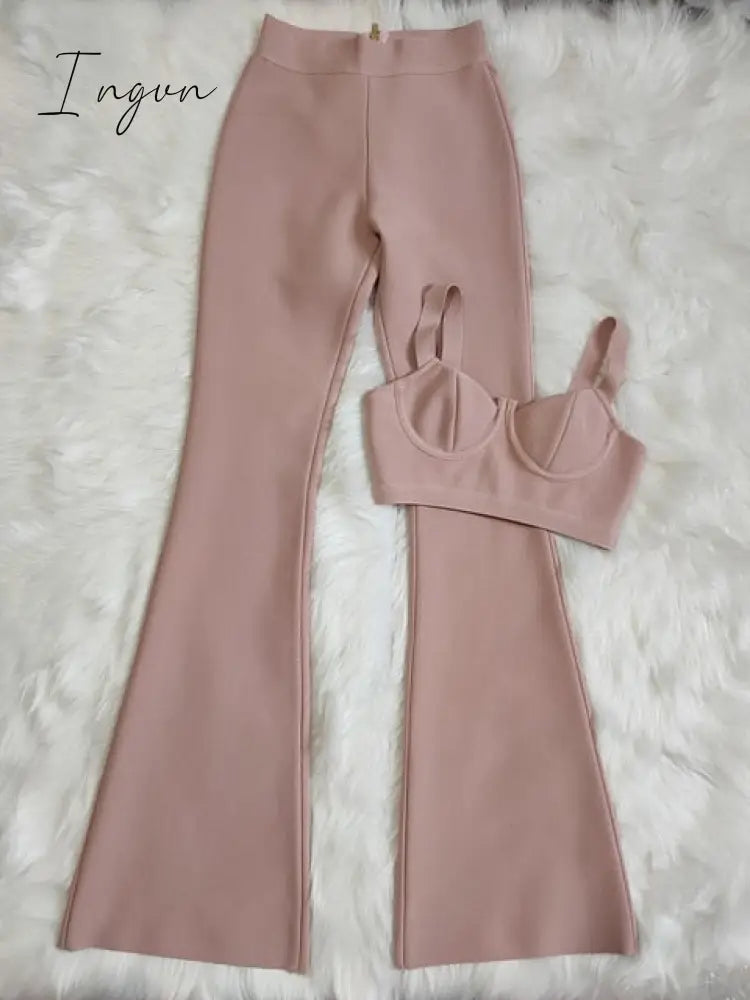 Ingvn - Summer New Women's Fashion Sexy Bandage 2 Two-piece Set Sleeveless Tight Short Top &  High Waist Flared Trousers Pants Set