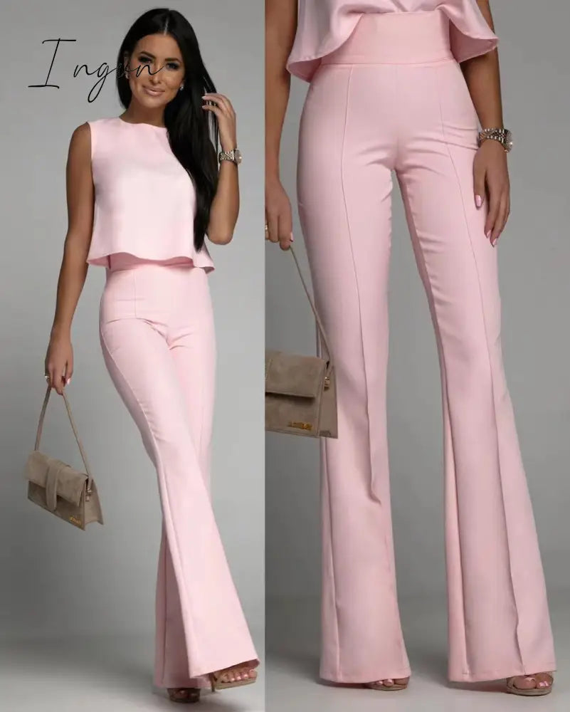 Ingvn - Office Elegant Commuter Set Fashion O-neck Sleeveless Tops and Flared Pants Suit Women Sexy Backless Tie Solid Two Piece Outfits