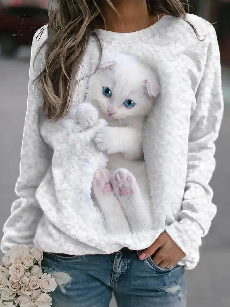 Ingvn - Women's Sweatshirt Pullover Basic White Cat Street Round Neck Long Sleeve