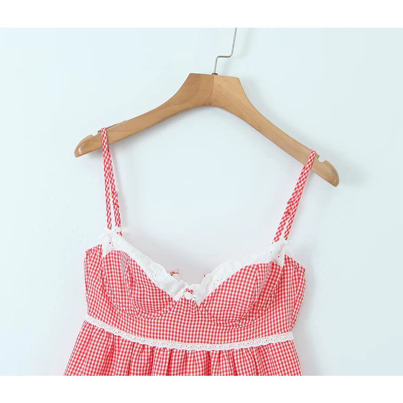 Women Lace Spliced Plaid Sling Mini Dress Sexy Sleeveless Back Lacing Up Ladies Party Skater Robe Summer Dresses