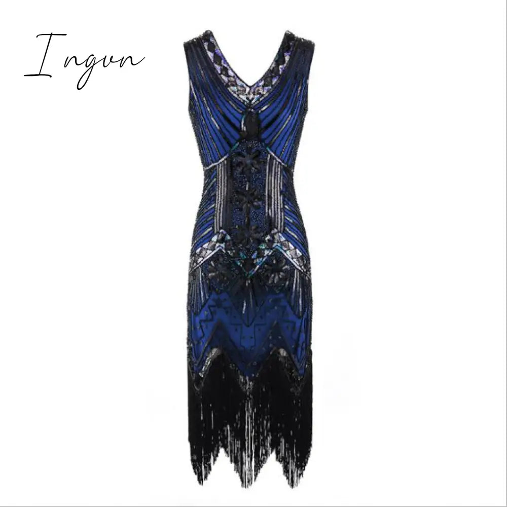 Ingvn - 1920s Vintage Flapper Great Gatsby Party Dress V-Neck Sleeveless Sequin Beaded style Style Tassel Flapper Vestidos Feminina 1920
