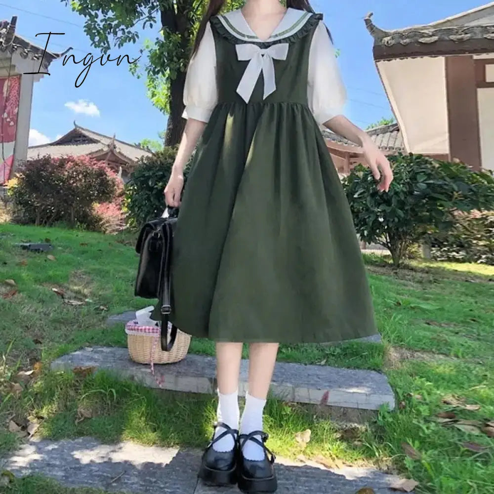 Ingvn - Harajuku Sailor Collar Navy Dress Japanese Lolita Sweet Bow-knot Girl Retro Cotton Kawaii Preppy Style Short Sleeve Dress Women