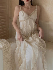  Summer Pure Color Office Lady Sweet Lace Long Dress Beach Style Y2k Travel Dress Women Elegant One Piece Dress Korean