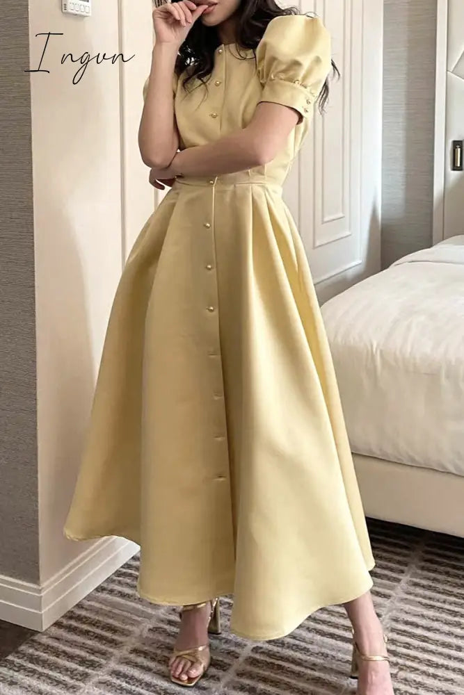 Ingvn - Elegant Solid Buckle O Neck A Line Short Sleeve Dress(5 Colors)