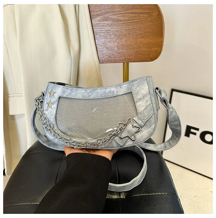 Ingvn  Laser Silver Shoulder Bag for Women Designer Casual Fashion Transparent Lolita Ita Bag Jk All-match Chain Y2k New Handbag