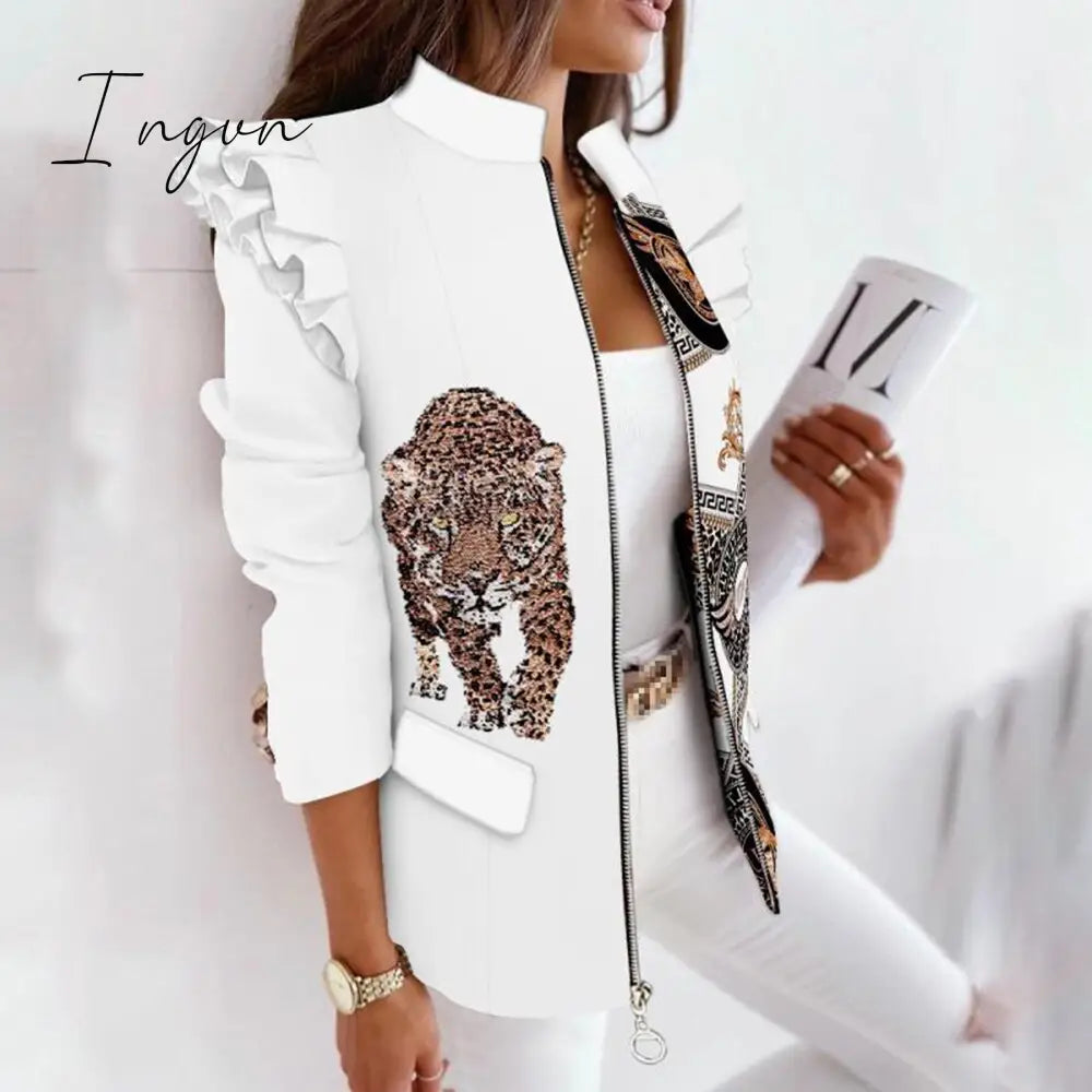Ingvn - Casual Plaid Jacket Women Spring Autumn Long Sleeve Ruffles Khaki Pink Zippers Woman Coats Fashion Office Lady Jackets Coat