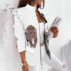 Ingvn - Casual Plaid Jacket Women Spring Autumn Long Sleeve Ruffles Khaki Pink Zippers Woman Coats Fashion Office Lady Jackets Coat
