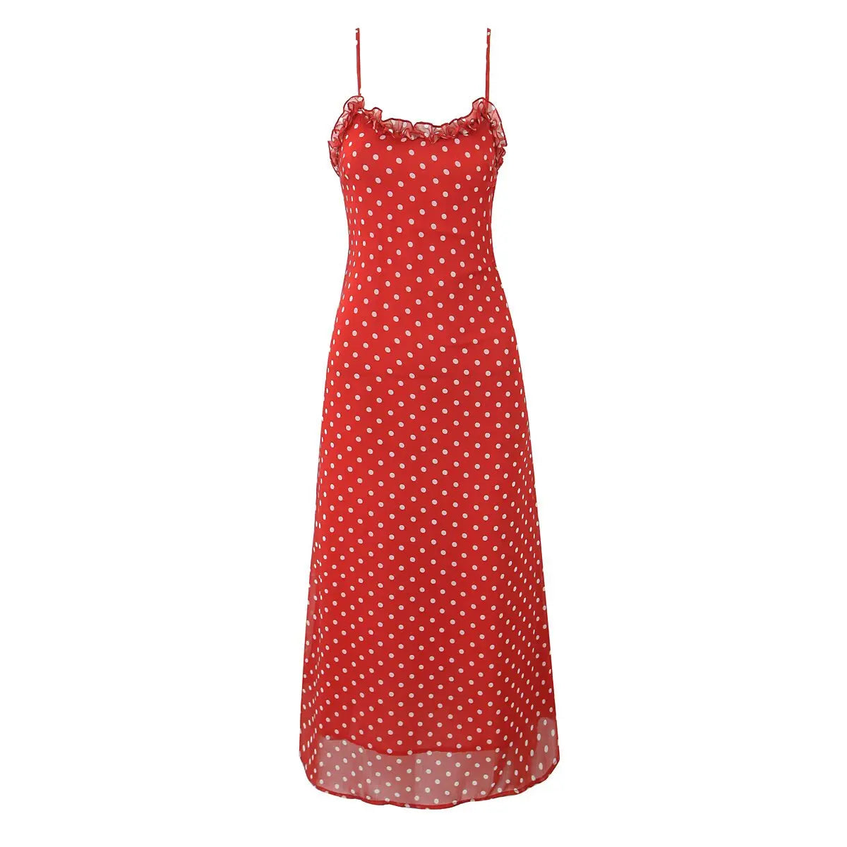 New Women Polka Dot Red Sexy Long Dreses Ruffle O Neck A-line Midi Summer Party Dressess Holiday Robe