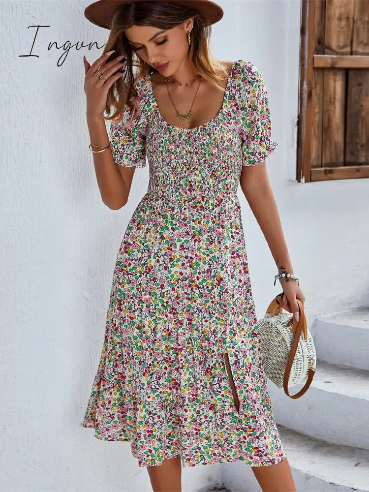 Ingvn - Ladies Sexy Vintage Floral Print Boho Summer Dress Women Casual Elastic Bohemian Beach Dress Women Sundress Robe Vestidos Female
