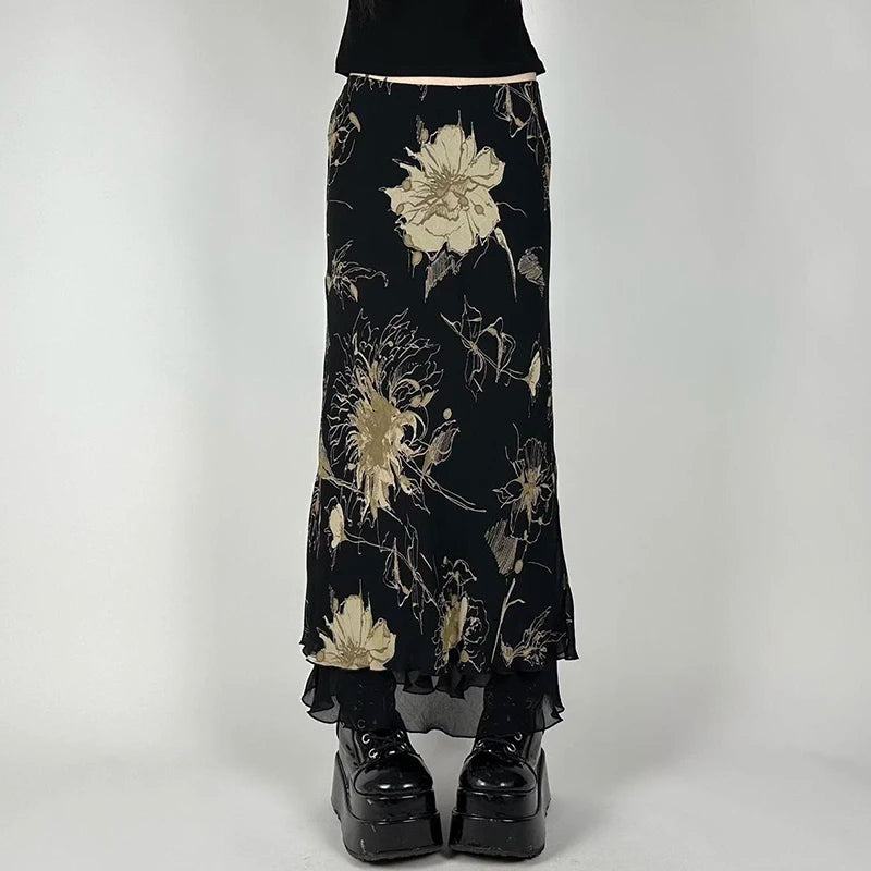 Vintage Floral Print Low Rise Long Skirt Streetwear 90s Slim-fitting Women's Skirts Harajuku y2k Aesthetic Ladies Bottoms