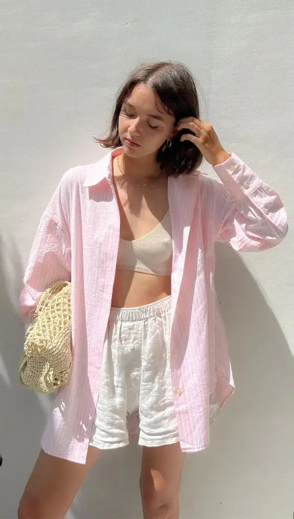 Ingvn  Chic Striped Women Shirt Loose 100% Cotton Shirts Tops Ladies Casual Lapel Oversized Lace Up Blouse Women Tops Blouse