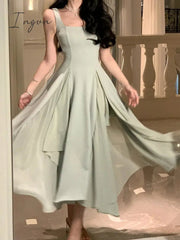 Ingvn - Elegant Sleeveless Female A-line Dress Summer Ladies Vestidos Spaghetti Strap Slim Waist Mesh Patchwork Women Dress