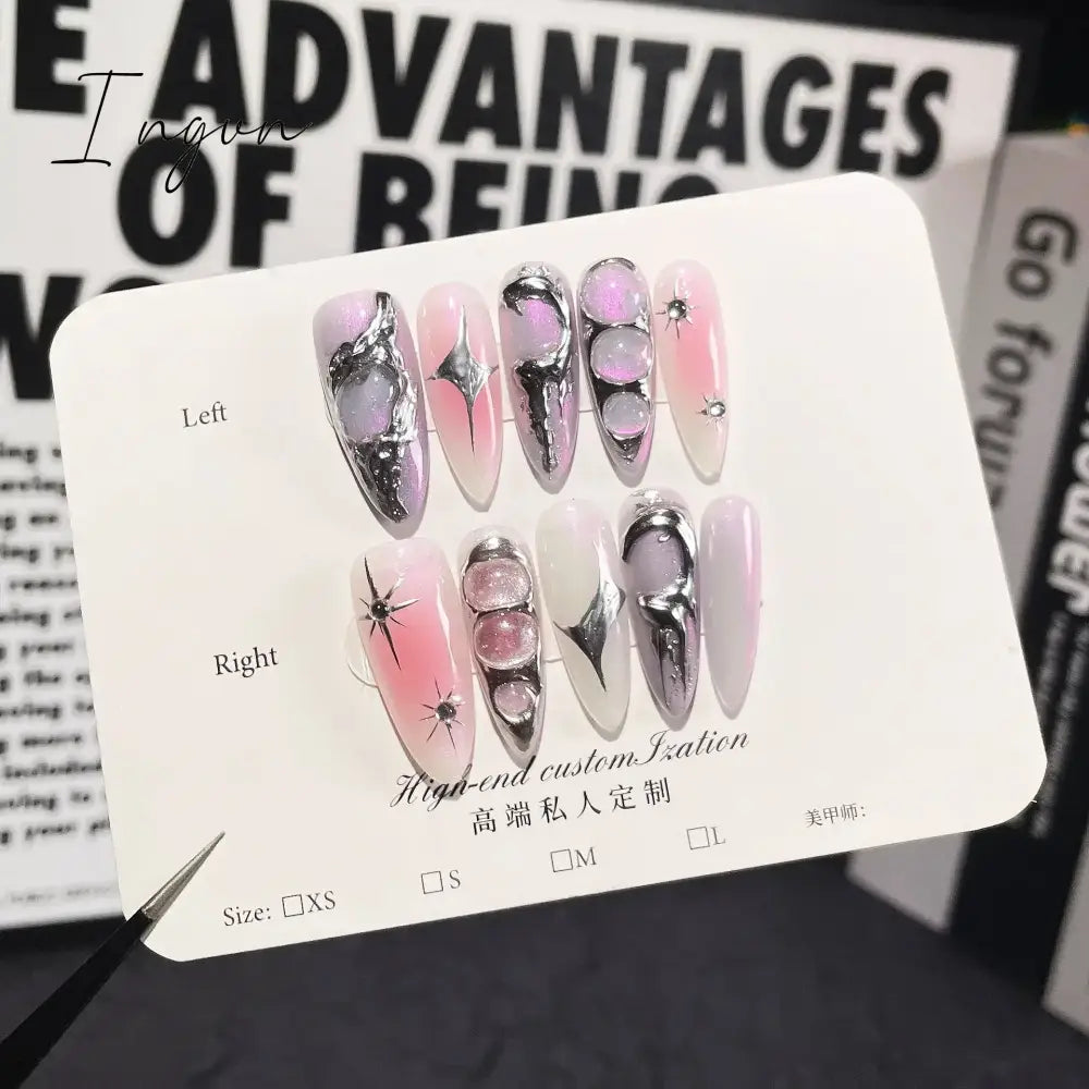 10Pcs Handmade Nails Set Press on Long Almond False Nail with Rhinestone Pink Camellia Design Reusable Full Cover Fake Nail Tips