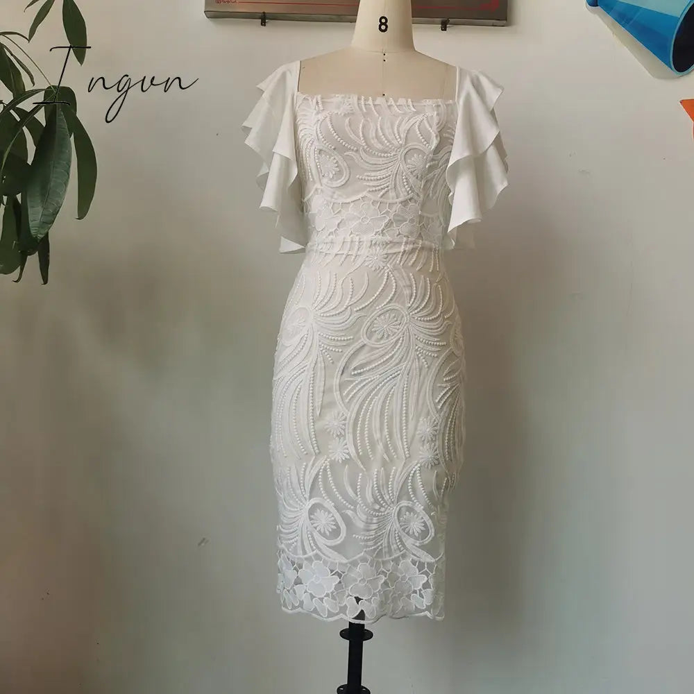 Ingvn - 2023 Summer Fashion Midi Dress Elegant Evening Party White Dresses for Women Classy Prom High-waist Lace Ruffle Female Clothing