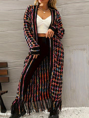 Plus Size Elegant Ombre Knitted Cardigan - Soft Slight Stretch Fabric, Tassel Hem, Long Sleeve, Open Front, Machine Washable - Perfect for Fall/Winter Season