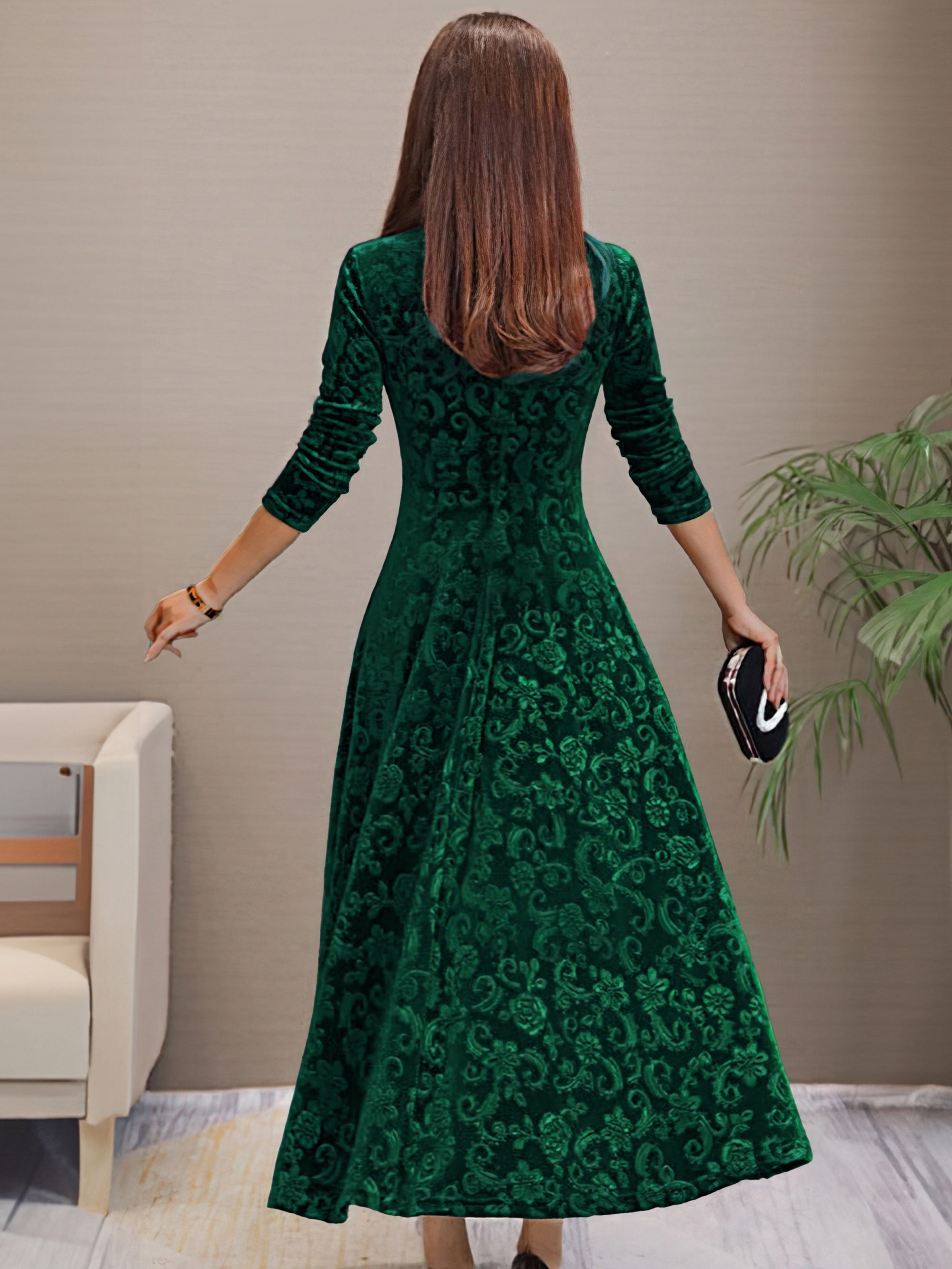 Vibrant Polyester Long Sleeve V-Neck Flared Dress - Elegant, High-Elasticity, Random Print, Machine Washable, All-Season Apparel for Women - Perfect for Spring and Fall Occasions