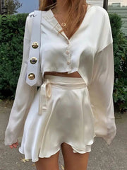 Ingvn - Casual Satin Two Piece Dress Set For Women White O-neck Button Top Bandage Mini Pencil Skirts Outfits Fashion Party Suit