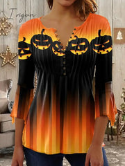 Ingvn - Women's Shirt Blouse T shirt Tee Orange Pumpkin Button Print Long Sleeve Halloween Casual Basic Round Neck Regular Floral Painting S