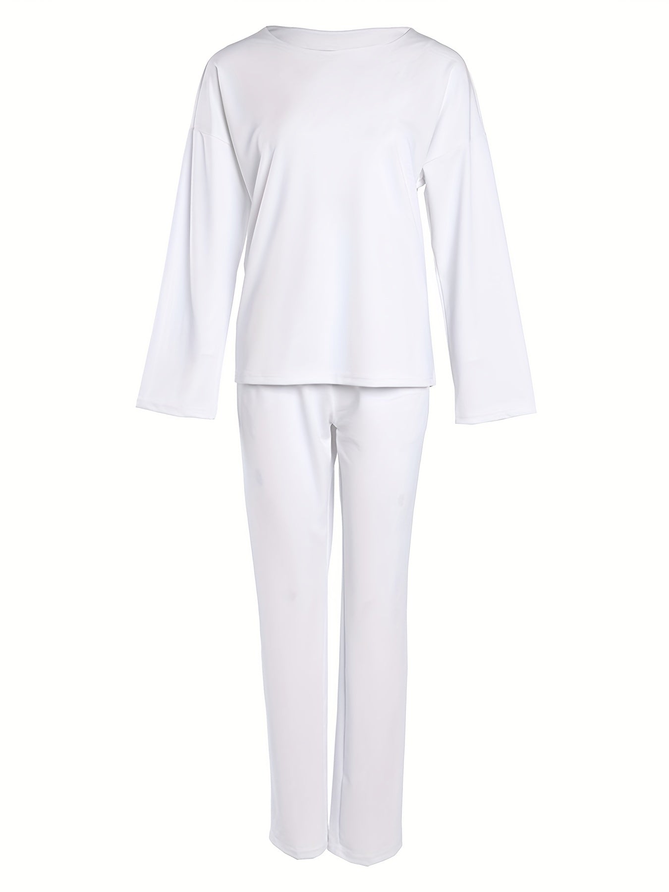 Solid Casual Two-piece Set, Crew Neck Long Sleeve Tops & Wide Leg Long Length Pants Outfits, Women's Clothing