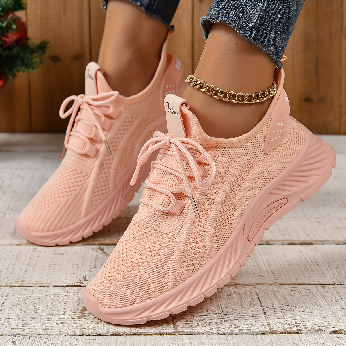 Women's Knitted Sports Shoes, Lightweight Lace Up Low Top Running & Tennis Sneakers, Breathable Gym Trainers for Holiday  Plus Size