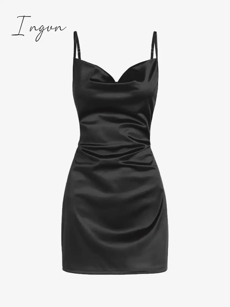 Ingvn - Women's Sexy Satin Dress Spaghetti Strap Slips Nightwear Side Slit Cocktail Party Silk Mini Dresses