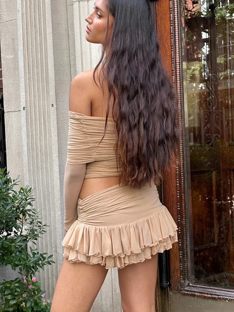 Sexy Off-shoulder Skirt Two Pieces Sets For Women Sleeveless Slim Fit Crop Top And Short Skirt Female Two Pieces Sets