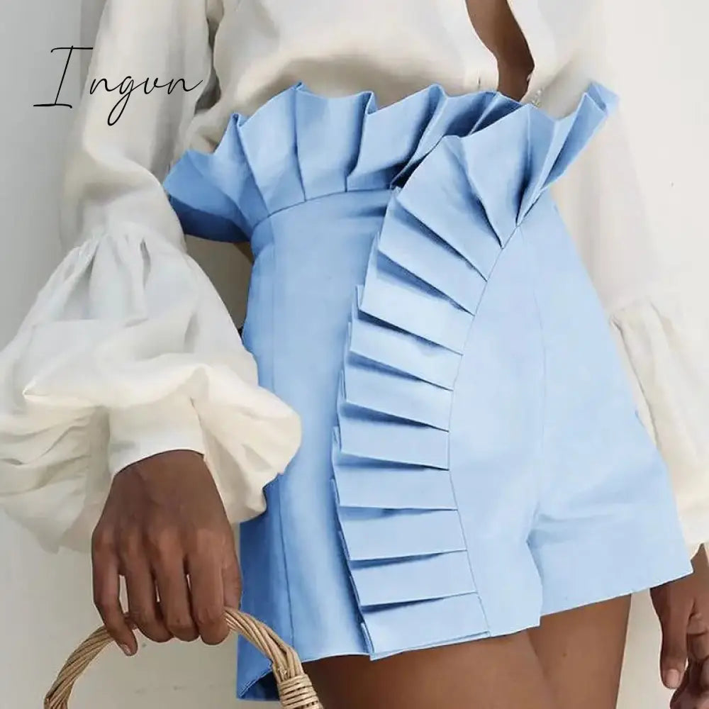Ingvn - Women's Bottom Ruffle Hem Shorts Pleated High Waist Solid 2023 New Fashion Pant Elegant Summer Casual Female Clothing Outfits