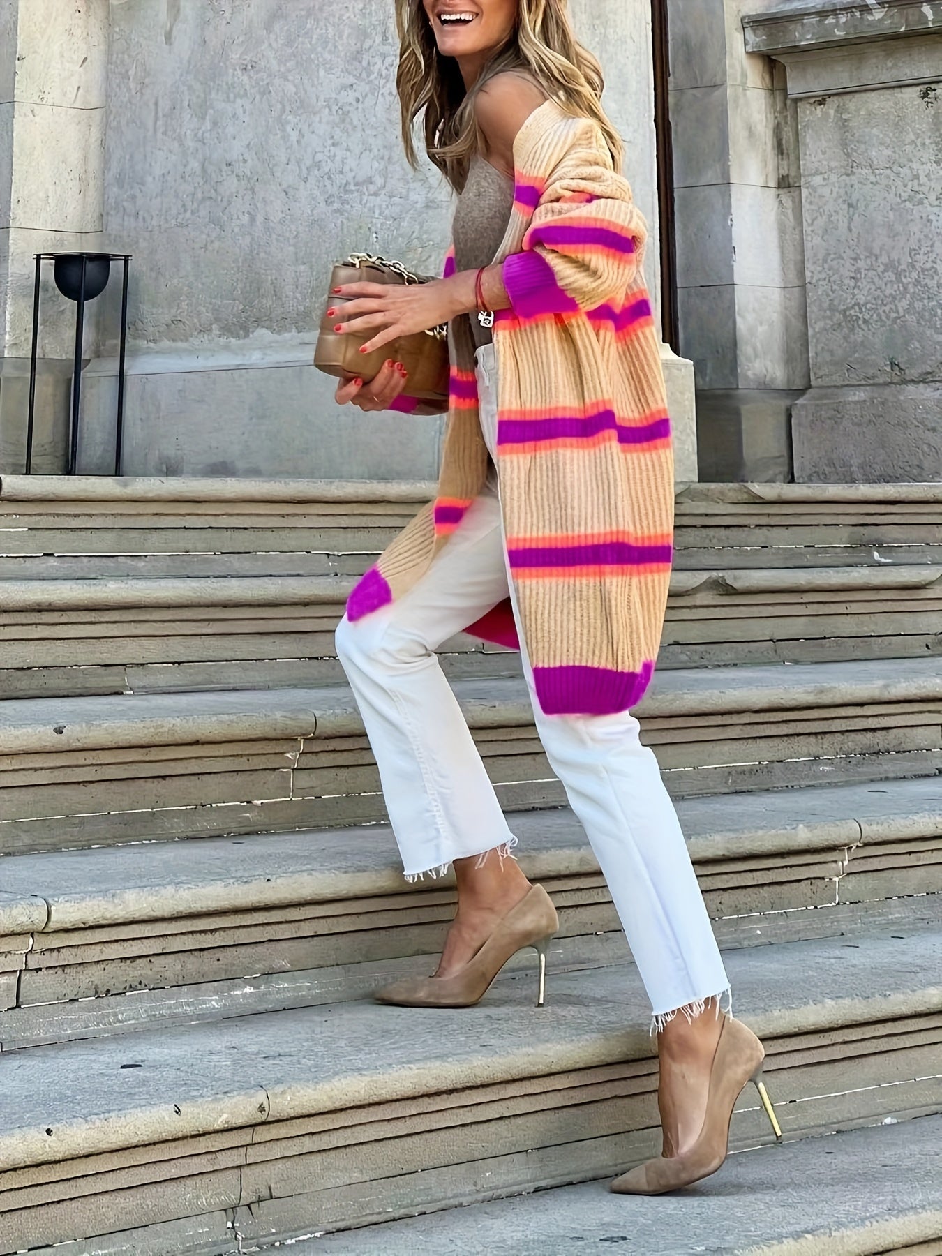 Stylish Striped Long Cardigan Sweater - Women's Fashion Cardigans - Soft Polyester Open Front Shawl with Color Block Design, No Collar, and Chic Winter Style - Perfect for Casual Daily Wear