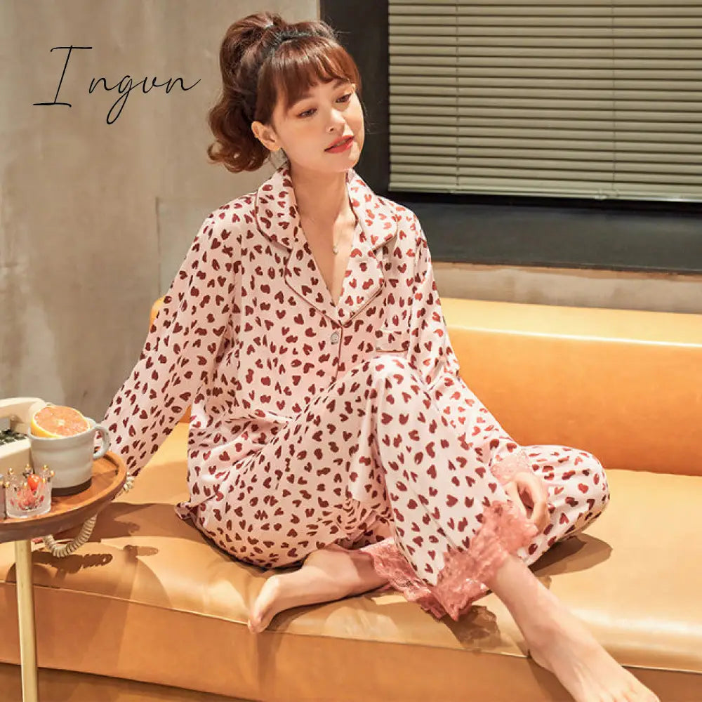 Ingvn - New Pajamas For Women Long Sleeve Pajamas Suit Female Simple Style 2 Pieces Pajamas Silk Women's Home Clothes Set Pantsuits