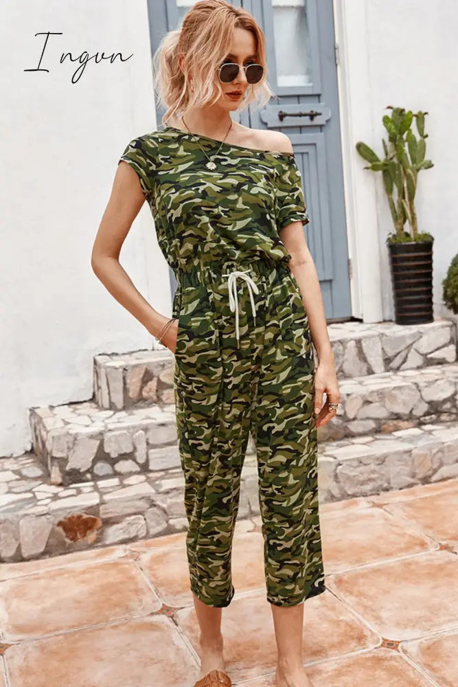 Ingvn - Camouflage Drawstring Crop Leg Jumpsuit
