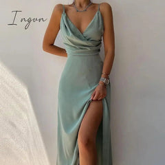 Ingvn - Sexy High Split Up Long Dress For Women Summer Print Party Dress Sleeveless Slip V Neck Elegant Dresses Ladies Evening Robe