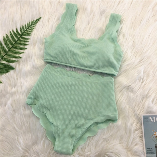 Voguable New Women Swimsuit Scalloped High Waist Bikini Set Solid Two Pieces Plus Size Swimwear Biquini Tankini