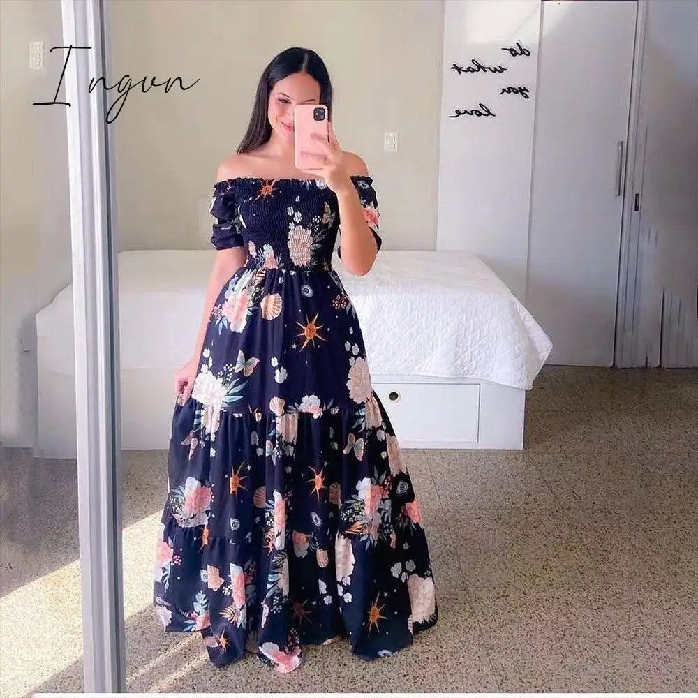 Ingvn - Women's 2023 Butterfly Summer Dress Tube Top Short Sleeve Ruffle Hem A Line Date Night Robes Vacation Bohemian Maxi Dresses XXXL