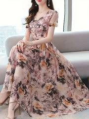 Vibrant Floral Print Crew Neck Dress - Elegant Short Sleeve, Comfortable, Breathable, Spring & Summer Essential - Women's Clothing for Chic, Elegant Dressing, Perfect for Outdoor Activities