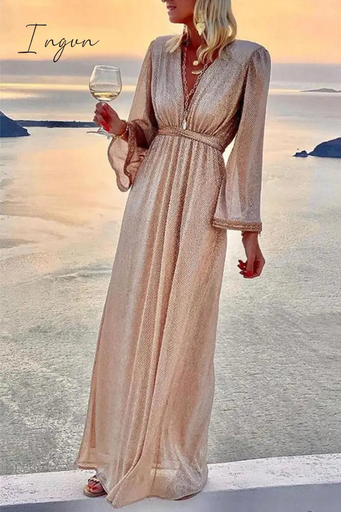 Ingvn - Fashion Elegant Solid Patchwork Fold V Neck Evening Dress Dresses(4 Colors)