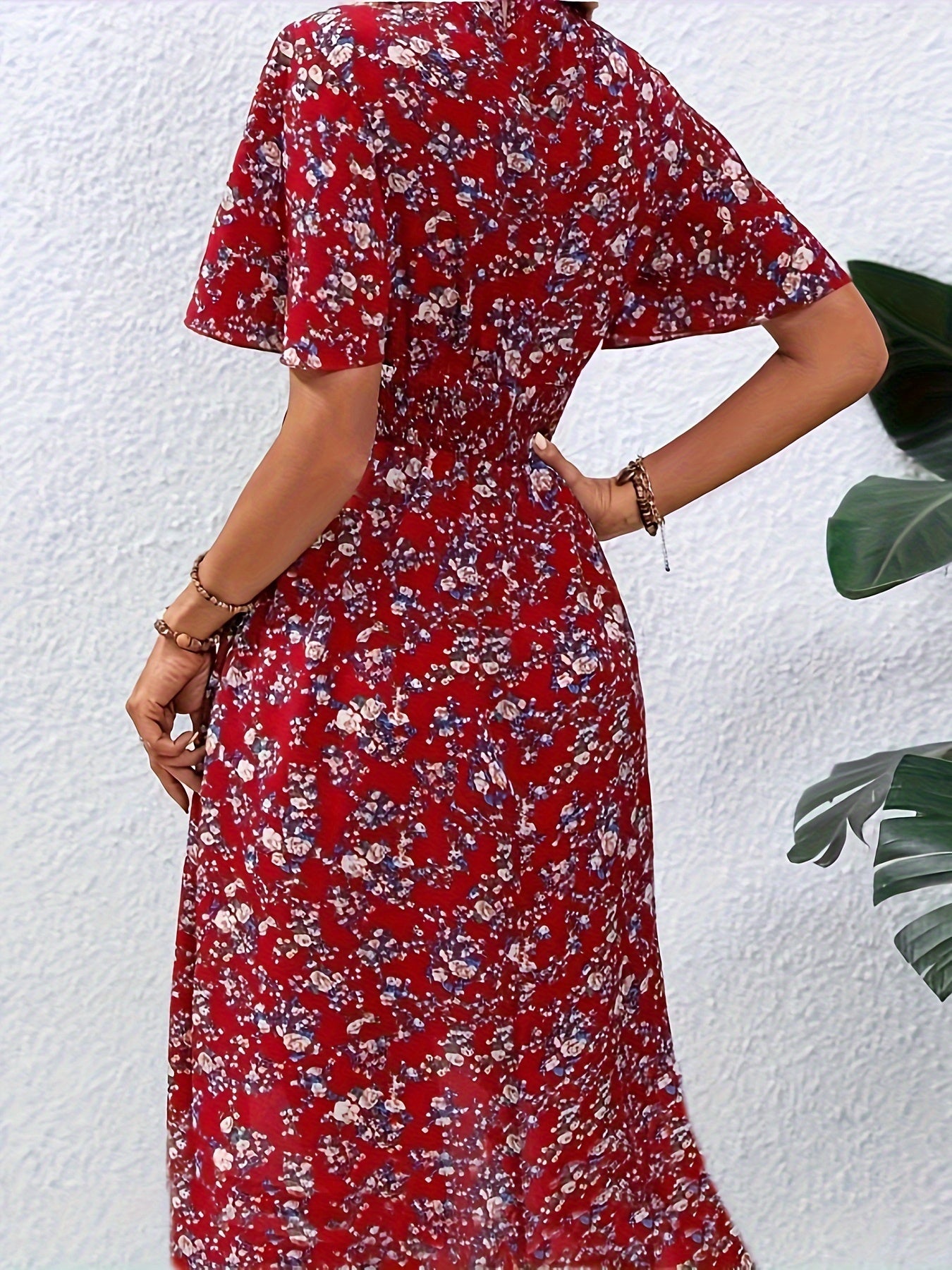 Floral Print Flutter Sleeve Dress, Boho V Neck Slim Waist Dress, Women's Clothing