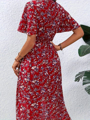 Floral Print Flutter Sleeve Dress, Boho V Neck Slim Waist Dress, Women's Clothing