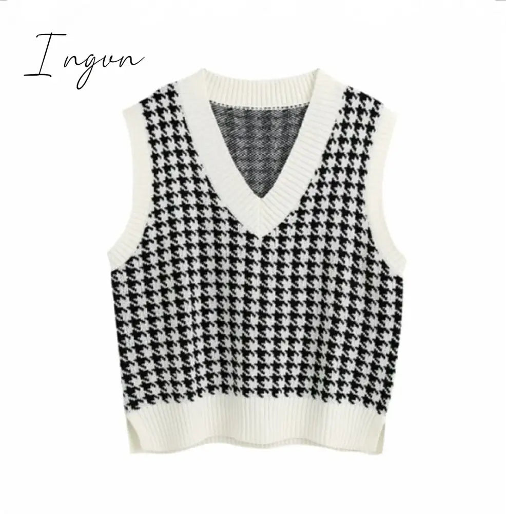 Ingvn - Fashion Women Knitted Vest Pullovers V Neck Sleeveless Houndstooth Knitted Jumper Pullovers Korean Loose Plaid Sweater Vest